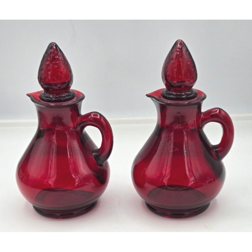 Vintage Avon Cape Cod Ruby Red Glass Cruet Set Vinegar Oil Decanters Pair - Picture 5 of 7